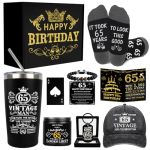 65TH Birthday Gifts For Men - Unique Birthday Box With 20 Oz Tumbler Baseball Cap Socks Bracelets Scented Candle Happy 65TH Birt