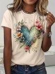 Floral & Heart Print Crew Neck T-Shirt Casual Short Sleeve T-Shirt For Spring & Summer Women's Clothing