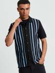 Button Through Stripe Polo In Black - Black 3XL