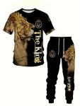Men's Fashion 3D Lion Print 2-PIECE Activewear Set Short Sleeve T-Shirt And Long Pants Summer Comfort Fit Sports Suit