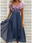 Floral Print V Neck Dress Elegant Short Sleeve Dress For Spring & Summer Women's Clothing