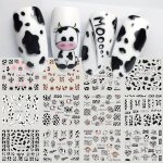 12 Sheets Cow Print Cartoon Nail Stickers Decals - Assorted Animal Patterns Heart & Leopard Designs - Plastic Pre-pasted Glossy
