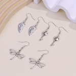 Silvery Dragonfly Key Lock Design Dangle Earrings Retro Minimalist Style Alloy Jewelry Delicate Gift For Women