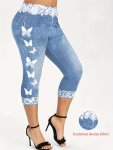Women's Plus Size Butterfly Print Capri Leggings - Stretchy Casual Denim-look With Lace Detail Machine Washable
