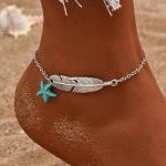 1PC Bohemian Style Beach Anklet Chain Hollow Feather & Starfish Pendants Retro Vintage Chain Foot Jewelry For Summer Outfits