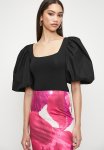 Square Neck Combo Puff Sleeve Bodysuit - Black