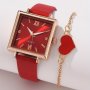 2pcs/set Women's Elegant Square Pointer Quartz Watch Analog PU Leather Wrist Watch & Heart Bracelet Gift For Mom Her