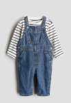 2-PIECE Top And Dungaree Set - Denim Blue & Black Striped