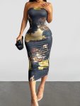 Graphic Print Tube Dress Sexy Strapless Bodycon Dress For Spring & Summer Women's Clothing
