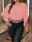 Plus Size Shiny Solid Beaded Top Casual Crew Neck Irregular Sleeve Top For Spring & Summer Women's Plus Size Clothing