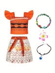 Girls Ruffle Trim Abstract Graphic Top & Skirt & Necklace Costume Dress Up Princess Halloween Party Performance Cosplay Outfit F