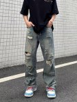 Baggy Ripped Cotton Jeans Men's Casual Street Style Distressed Denim Pants For Spring Summer K-pop