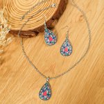 Bohemian Style Teardrop Pendant Necklace And Earrings Set Antique Silver Plated Zinc Alloy With Colorful Resin Inlay Vintage Fas