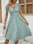 Ditsy Floral Print Dress Elegant Shirred Waist V Neck Short Sleeve Dress Women's Clothing