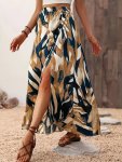 Allover Print High Waist Split Skirt Elegant Loose Skirt For Spring & Summer Women's Clothing