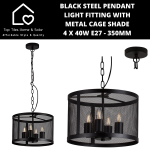 Black Steel Pendant Light Fitting With Metal Cage Shade - 4 X 40W E27