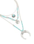 Antique Silver Turquoise Beaded Chain Pendant Layered Necklace