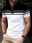 Men's Stripes Color Blocking Print Summer Short Sleeve Lapel T-Shirt Casual Comfy Sports Top As Gift
