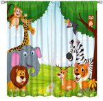Cartoon Forest Animal Curtains Kids Boys Girls Giraffe Lion Elephant Zebra Rhinoceros Jungle Zoo Print Rod Pocket Pattern Window