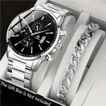 2PCS Set: Sleek Men's Quartz Watch With Stainless Steel Band & Versatile Chain Bracelet - Perfect Gift For Dad Boyfriend On Fath