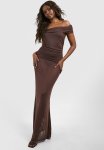 Ruched Mesh Bardot Maxi Dress - Chocolate