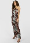 Bandeau Ruffle Textured Tie Dye Maxi Dress - Chocolate