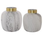 Set Of Two Marble Vases With Gold Metal Ring 25 Cm And 22 Cm