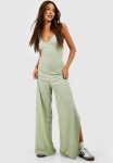 Ribbed Strappy Oversized Split Leg Jumpsuit - Sage
