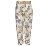 Giant Floral Print Belted Linen Mix Pant - Cream L xl