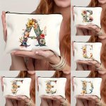 1PC Floral Alphabet Canvas Pouch Chic Style Makeup Bag Toiletry Organizer For Travel Use