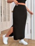 Plus Size Solid Split Hem Midi Skirt Elegant High Waist Skirt For Spring & Summer Women's Plus Size Clothing