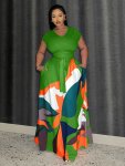 Plus Size Colorblock Geometric Print Dress Casual Crew Neck Short Sleeve Belted Dress Women's Plus Size Clothing