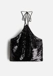 Cropped Sequined Halterneck Top - Black
