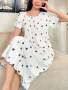 Colorful Heart Print Short Sleeve Nightgown Babydoll Holiday Season Cozy And Elegant Details