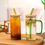 1PC Square Color Glass Straw With Bamboo Cover With Handle Color Cup Transparent High Temperature Resistant Flat Cup Square Juic
