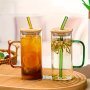 1PC Square Color Glass Straw With Bamboo Cover With Handle Color Cup Transparent High Temperature Resistant Flat Cup Square Juice Cup Straw Milk Glass