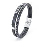Mens Black And Silver 2 Row Stainless Steel Leatherette Bracelet