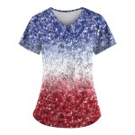 4TH Of July Scrubs For Women V Neck Short Sleeve Printed Tops Cartoon Pattern Plus Size Nursing With Pockets Reds S