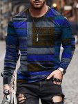 Men's Multi-color Blocks Pattern Long Sleeve Crew Neck T-Shirt Casual Comfy All-season Tee As Gift