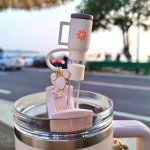 1PC Portable Straw Lid With Charm For Stanley Tumbler Flower Design Soft Pink 4.57CM Accessory Beverage Cup Topper With Clip-on