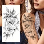 Realistic Sketch Peony & Rose Temporary Tattoos For Women 1 Sheet Waterproof Black Floral Body Art Stickers For Adult Long-lasti