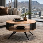 Acacia Wood And Black Steel Round Coffee Table With Open Shelf