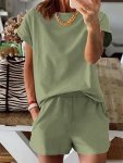 Solid Color Two Piece Set Short Sleeve T-Shirt & Shorts Women's Clothing