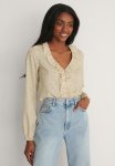 V-neck Frill Ls Blouse - Flower Light Yellow Print