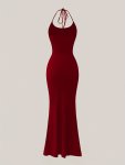 Halter Neck Knit Bodycon Maxi Dress - Polyester Blend With Elastane Solid Color Lace-up Detail Sleeveless Knit Fabric For Summer
