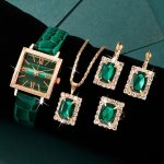 1PC 5PCS Green Quartz Watches Pu Leather Strap Alloy Pointer Alloy Dial And Rhinestone Necklace Earrings Jewelry For Women Gifts