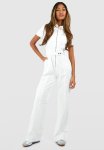 Zip Up Cargo Denim Wide Leg Jumpsuit - Ecru