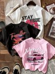 3-PACK 100% Polyester Women's Car Print T-shirts Casual Crew Neck Medium Stretch Knit Fabric Tops With Drop Shoulder Short Sleev