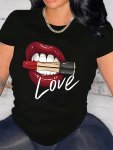 Mouth Print Crew Neck T-Shirt Casual Short Sleeve Top For Spring & Summer Women's Clothing
