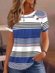 Striped Print Button Decor T-Shirt Casual Short Sleeve Top For Spring & Summer Women's Clothing